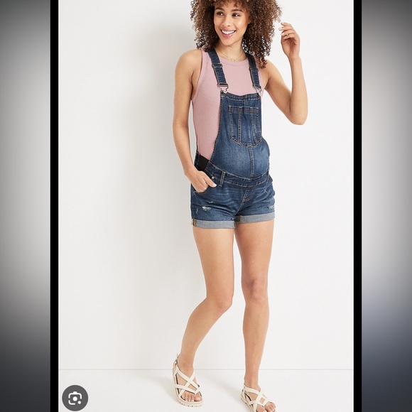 Indigo Blue Women's Maternity Denim Overall Shorts - Picture 2 of 9